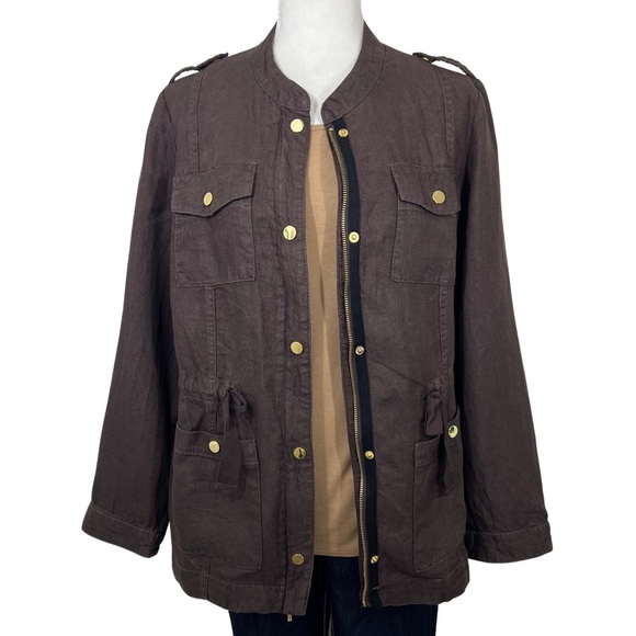 Chico’s Linen Utility Jacket Lightweight Dark Brown Gold M Medium 570201889 - Picture 10 of 16